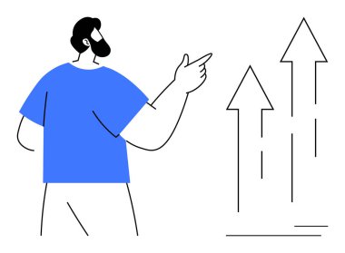 Man gestures toward upward arrows symbolizing progress, achievement, and growth. Ideal for business, success, goals, progress, education entrepreneurship and leadership concepts. Simple flat