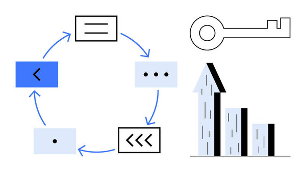 Circular workflow diagram with icons representing step-by-step processes, a bar chart growing upward, and a key. Ideal for business growth, workflow, success, strategy, analysis, finance simple