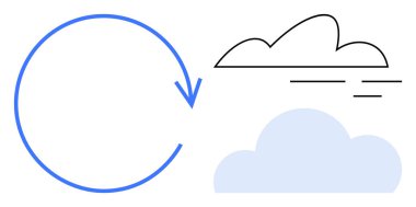 Circular arrow next to outlined and filled clouds. Ideal for sustainability, environment, eco-consciousness, waste management, green energy, renewable resources, simple flat metaphor