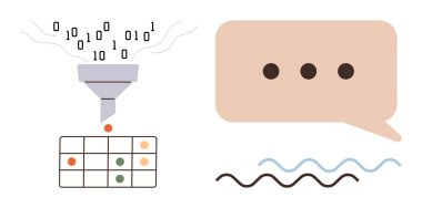 Binary code funneled into a grid, transforming data into organized format. Speech bubble represents communication. Ideal for data processing, AI, machine learning, organization, analysis, automation