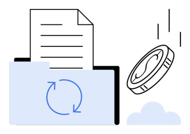 Document, folder with sync icon, falling coin, and cloud. Ideal for finance, workflow, technology, cryptocurrency data transfer cloud storage and economic concepts. Simple flat metaphor