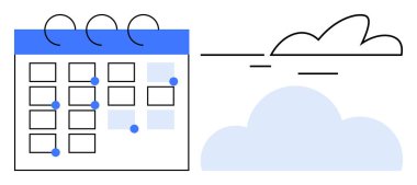 Spiral-bound calendar with marked dates next to a cloud outline, representing planning, organization, and cloud storage. Ideal for productivity, scheduling, management, collaboration, online tools