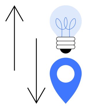 Light bulb representing ideas, upward and downward arrows indicating direction, and blue location pin. Ideal for innovation, creativity, decision-making, direction, problem-solving, navigation