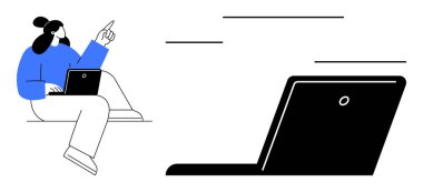 Woman seated with laptop, pointing upward in a creative gesture, next to a bold close-up of a laptop. Ideal for creativity, digital work, education, technology, remote work, brainstorming