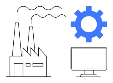 Factory emitting smoke beside a large gear symbol and monitor screen. Ideal for industry, technology, innovation, manufacturing, environmental impact, automation, digital transformation. Simple flat