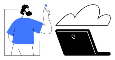 Man holding a connection orb near a laptop, linked to a cloud symbol. Ideal for technology, cloud service, innovation, digital data, remote work, communication online storage. Simple flat metaphor