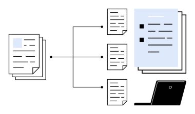 Stack of documents branching into smaller categorized sets, leading to a laptop. Ideal for workflow automation, document organization, digital archiving, process optimization, collaboration