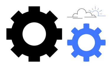 Large black gear and smaller blue gear emphasizing teamwork and progress with minimalistic cloud and sun icons representing growth, ideas, and evolution. Ideal for business, technology