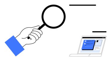 Hand holding magnifying glass examining laptop with highlighted data. Ideal for research, investigation, analysis, exploration, information search, online review, business audit. Simple flat metaphor