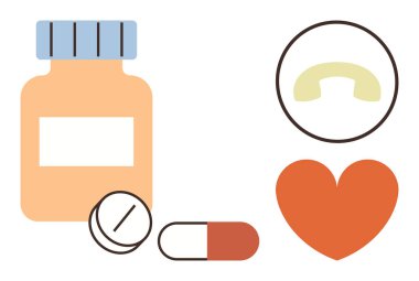 Medicine bottle, pills, heart, and phone receiver icon representing healthcare, emergency contact, wellness, medical aid, prescriptions, patient care and well-being in a simple flat metaphor