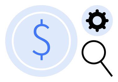 Dollar sign in circle, gear, and magnifying glass focus on money management, problem-solving, and analysis. Ideal for finance, business strategy, optimization, technology research investment