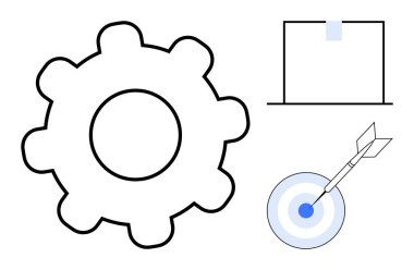 Bold gear, centered target with arrow, and document in simple style represent teamwork, planning, organization, focus, efficiency, strategy development, task management simple flat metaphor