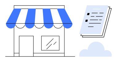 Storefront with blue awning, checklist, and cloud element. Ideal for retail, small business, planning, e-commerce, cloud services inventory strategy. A simple flat metaphor