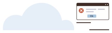 Cloud icon alongside popup window with error message, red cross alert symbol, and Ok button. Ideal for technology, troubleshooting, cloud computing, error handling, file management, data security