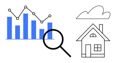 Magnifying glass over bar graph, house sketch, and cloud representing market research, property trends, data analysis, home ownership, investment strategy, and financial insights in a simple flat