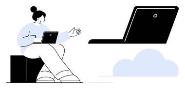Woman seated with a laptop gesturing towards a larger laptop on cloud. Ideal for technology, remote work, communication, cloud computing, virtual meetings, online learning, teamwork. Simple flat