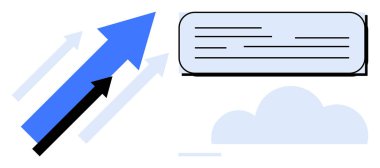 Blue and black upward arrows with text box and cloud evoking growth, progress, communication, innovation, strategy, business development, and future potential. Ideal for simple flat metaphor