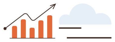 Orange bar graph with rising arrow showing progress beside a cloud graphic representing cloud services. Ideal for data analysis, business growth, innovation, digital transformation, trends, future