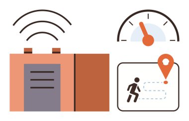 Wireless tracker transmitting data, speedometer for performance measurement, and map interface with path and location marker. Ideal for fitness, technology, health, navigation, monitoring, data