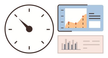 Speedometer indicating measurement and two analytics panels featuring line and bar graphs. Ideal for performance tracking, productivity, analytics, data, business growth, metrics visualization
