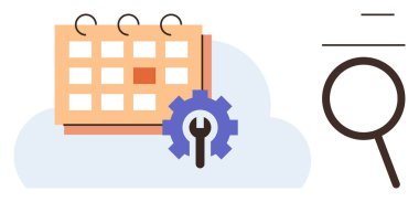 Calendar with gear symbolizing settings or optimization, magnifying glass for search, and cloud backdrop. Ideal for scheduling, planning, optimization, productivity, searching, technology