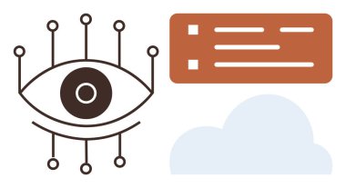 Stylized eye with connected nodes, minimal checklist and cloud design symbolizing data, vision, and organization. Ideal for technology, data analysis, cloud computing, networking, project management