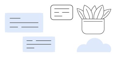 Light blue and black text boxes, potted plant outline, and soft cloud element. Ideal for communication, organization, creativity, eco-friendly ideas, planning simplicity inspiration. Simple flat