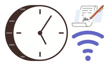 Clock representing time, signed document for online agreements, and wireless icon for connectivity. Ideal for remote work, digital contracts, time management, communication, productivity, technology