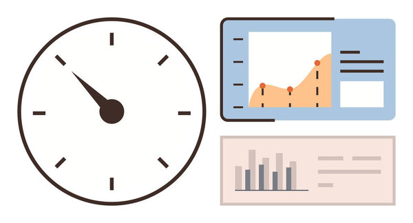 Speedometer indicating measurement and two analytics panels featuring line and bar graphs. Ideal for performance tracking, productivity, analytics, data, business growth, metrics visualization