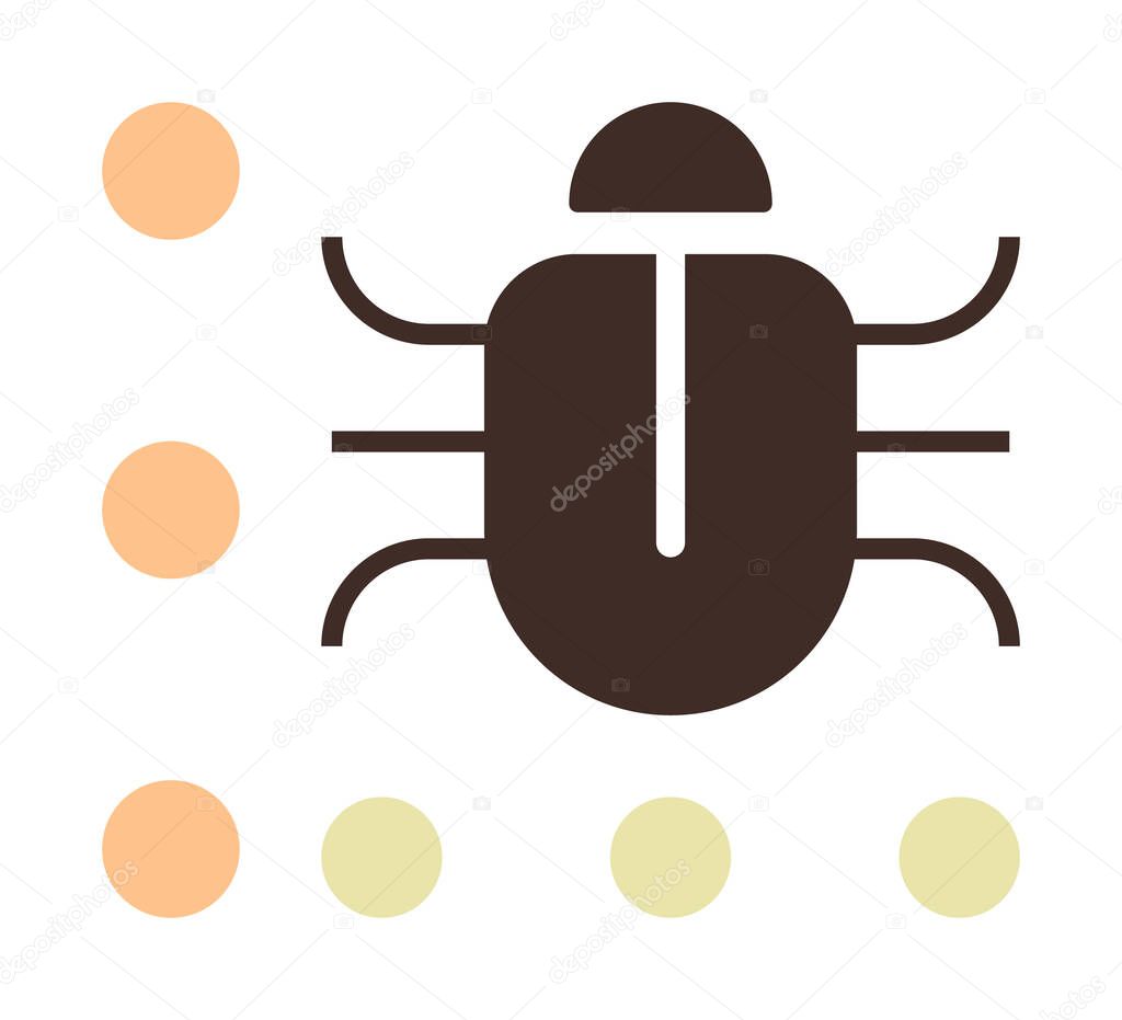 Simplistic image of a beetle icon surrounded by orange and green dots, symbolizing nature, balance, and design. Ideal for nature, ecology, insects, biodiversity, balance minimalism and educational