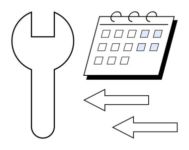 Calendar with marked dates alongside a wrench and directional arrows conveying planning, maintenance, and process flow. Ideal for productivity, planning, organization, repair, workflow, time