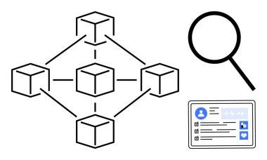 Blockchain node connections, magnifying glass symbolizing data analysis, and digital profile document. Ideal for blockchain, data security, research, analytics, technology, decentralization simple