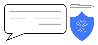 Speech bubble for communication, pen symbolizing writing or authorization, shield with fingerprint representing security and authentication. Ideal for privacy, trust, verification, online safety