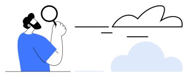 Bearded man holding magnifying glass looking at abstract clouds. Ideal for research, analysis, observation, exploration, curiosity, discovery, and innovation themes. Simple flat metaphor