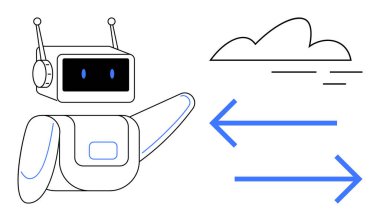 Friendly robot pointing at a cloud with arrows showing data exchange. Ideal for AI, technology, automation, cloud computing, digital communication, machine learning, innovation. Flat simple metaphor