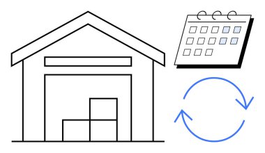 Warehouse with stacked boxes, calendar, and circular arrows symbolizing supply chain, inventory rotation, scheduling. Ideal for business, logistics, storage, planning e-commerce operations