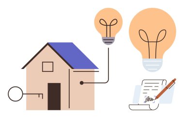 House silhouette with key, connected lightbulbs symbolizing ideas or energy, signed document. Ideal for real estate, energy efficiency, legal agreements, homeownership, sustainability, innovation