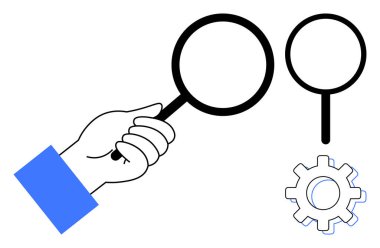 Human hand holding magnifying glass, second glass and gear. Ideal for search, analysis, exploration, investigation, research, problem-solving technology. Simple flat metaphor