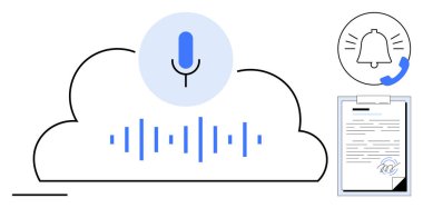 Cloud with microphone and sound waves, notification bell, phone icon, and document signature. Ideal for voice technology, communication, automation, productivity, remote work cloud storage simple