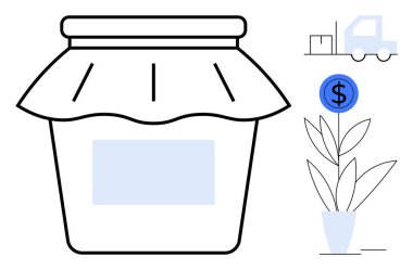 Jar with a label, money plant growing a dollar coin, and delivery truck with a box. Ideal for business, finance, investment, logistics, growth sustainability savings concepts. Simple flat metaphor