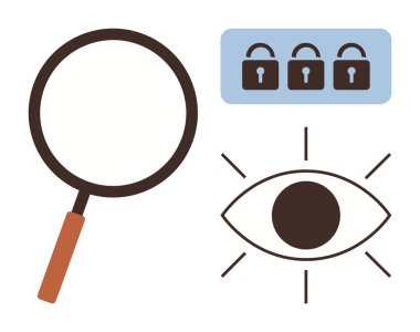 Magnifying glass, focused eye, and padlocks emphasize exploration, focus, and privacy. Ideal for ideas thumbs up analysis, security, searching protection privacy focus digital technology. Simple