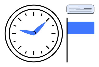 Analog clock with blue hands, a blue flag, and a message box. Ideal for time tracking, scheduling, goal setting, planning, deadlines productivity and project management. A simple flat metaphor