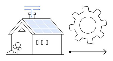 Smart home powered by solar panels, gear symbolizing automation, and flow arrow indicating energy. Ideal for renewable energy, sustainability, smart home, automation, environmental tech, innovation