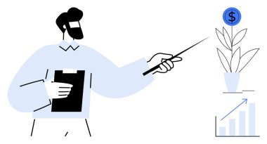 Man pointing at plant in pot with dollar sign, holding clipboard, growing graph alongside. Ideal for finance, business, investment, growth, strategy, education leadership in simple flat metaphor