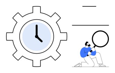 Clock within a gear symbolizing time management, man holding magnifying glass. Ideal for productivity, planning, analysis, focus, optimization, organization efficiency. A simple flat metaphor