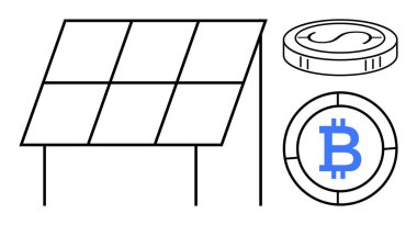 Solar panel next to cryptocurrency coins, connecting renewable energy and blockchain concepts. Ideal for finance, environment, sustainability, technology, innovation, investment clean energy. Simple