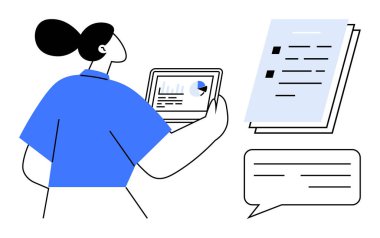 Woman studying analytics on tablet, reviewing documents, and engaging in communication. Ideal for teamwork, analysis, strategy, education, communication productivity decision-making. Clean simple