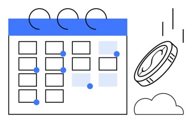 Calendar marked with blue dots, coin in flight, cloud detail on the side. Ideal for finance, budgeting, time management, planning, deadlines scheduling and investments. A simple flat metaphor