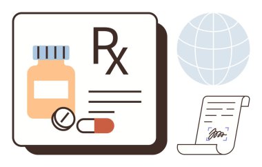 Bottle, pill, capsule with Rx symbol beside signed document and globe, reflecting medicine, healthcare, global connectivity, pharmacy, legal compliance telemedicine digital health. Perfect simple