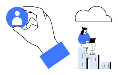 Hand selecting profile icon representing recruitment and data management. Woman works on laptop atop bar chart under cloud, signifying progress, growth, and cloud technology. Ideal for recruiting